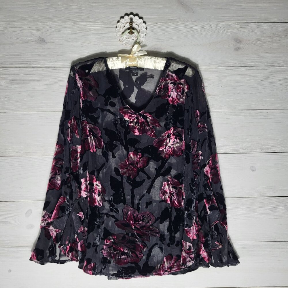 Karen Kane Top Velvet Burnout Dark Floral Sheer Ruffle Bell Sleeve  Fairy Goth.